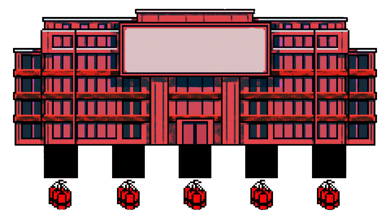 A building marked disciplinary society, with charges set beneath its foundations