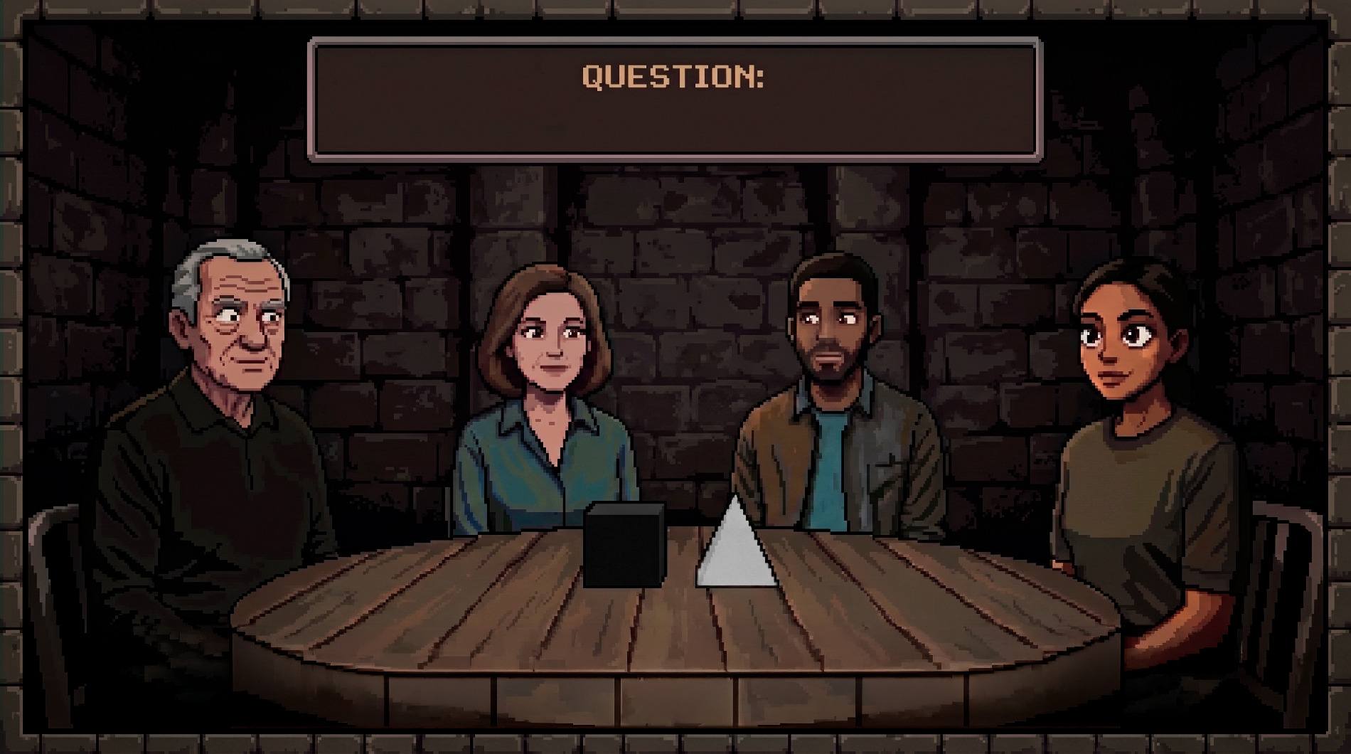 Four people at a table, asked what colour the figures are